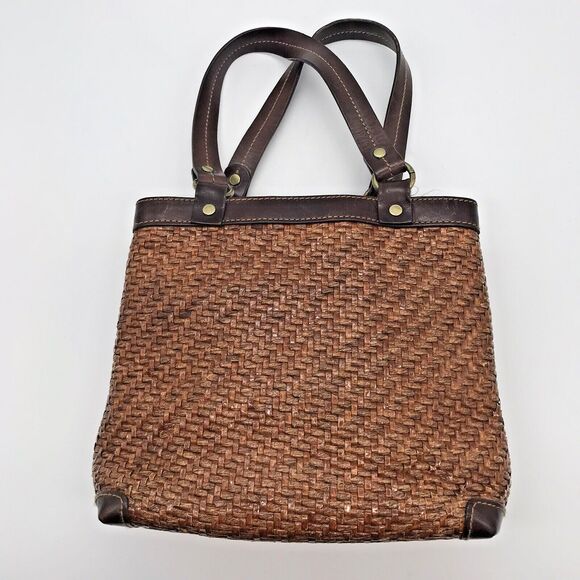 Vintage Fossil Brown Wicker Weave Double Handle Purse 78082 Inside Zip Pocket - Picture 6 of 15